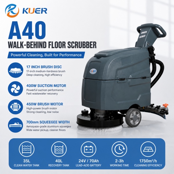 KUER A40Walk Behind Floor Scrubber KUER A40 walk-behind floor scrubber for commercial and industrial floor cleaning.