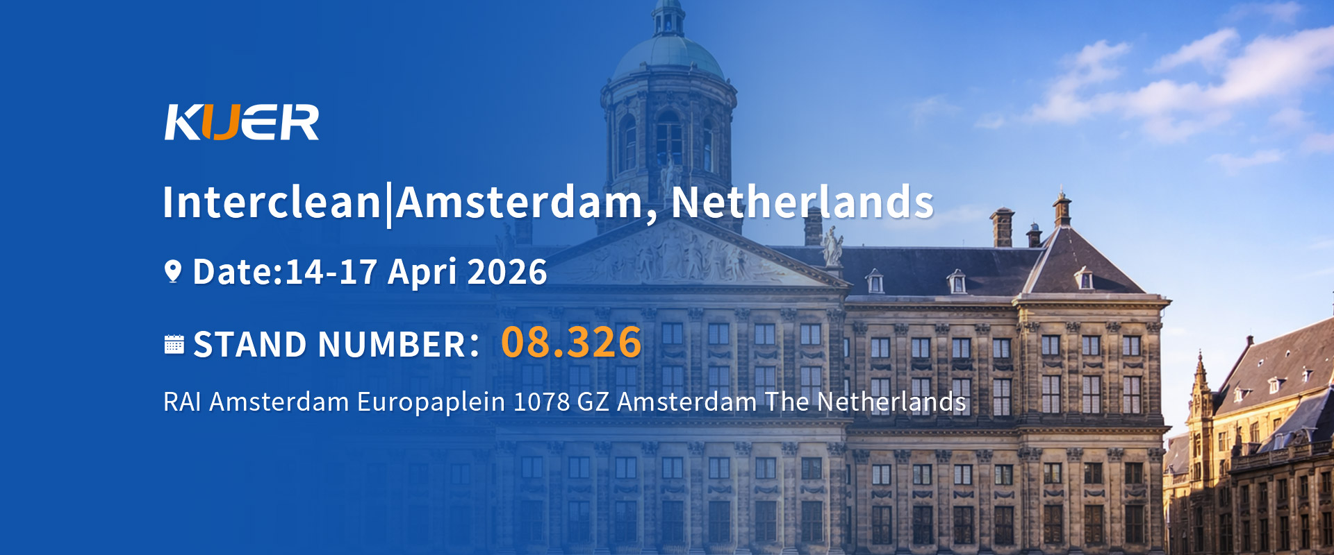Information regarding KUER's participation in the Amsterdam Cleaning Equipment Exhibition in the Netherlands