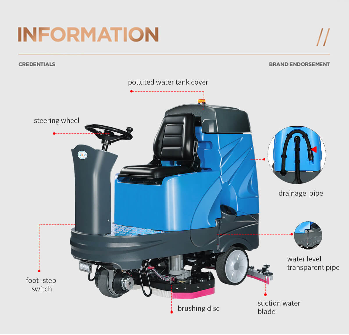 KUER-XJ160S ride on floor scrubber machine information